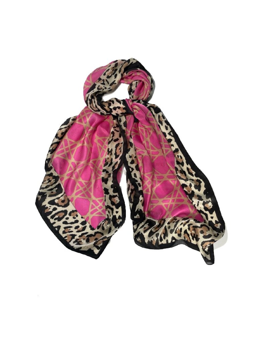 Vintage Christian Dior Silk Chiffon Scarf Leopard Pink Logo 66" x 24" - Picture 2 of 16